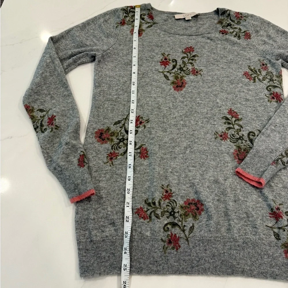 LOFT Floral Wool Blend Crewneck Sweater Gray